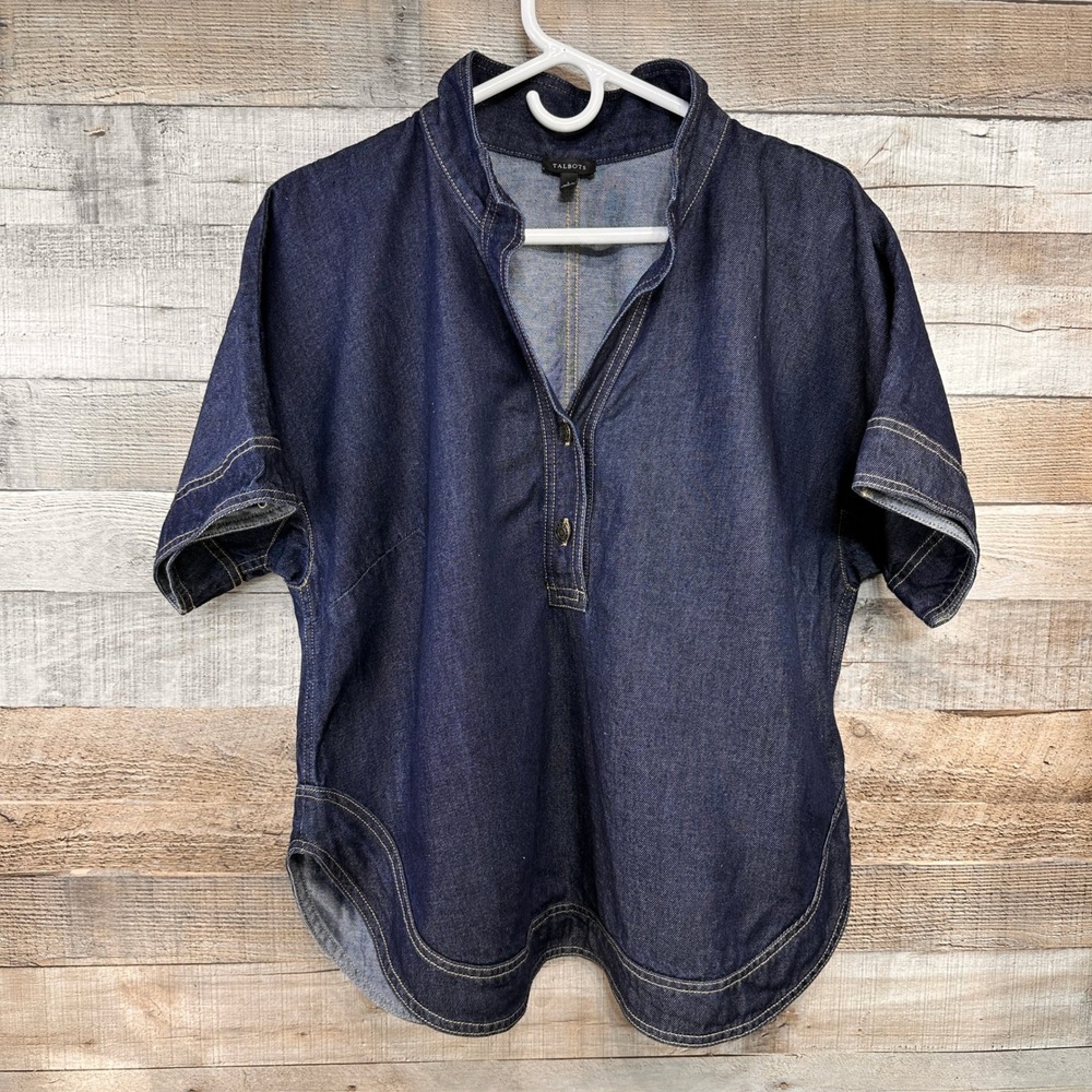 Talbots Womens Denim Dolman Sleeve Tunic Top Mandarin Collar Dark Wash Large